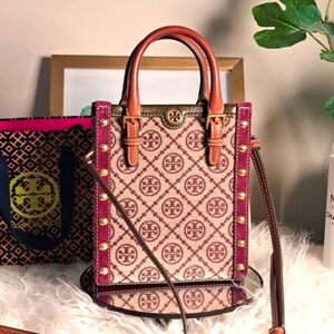 Tory Burch NWOTs Mini T Monogram Jacquard Studded North-South Tote Bag